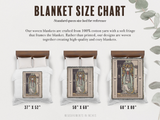 Blanket size chart with three blanket samples and measurements on a white background.