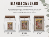 Blanket size chart with Tarot card designs on woven blankets, featuring measurements and a bed setup for reference.