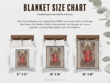 Blanket size chart with illustrations of tarot cards on blankets, featuring measurements and a decorative background.