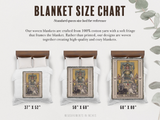 Blanket size chart with Tarot card designs on woven blankets, featuring measurements and a bed setup for reference.