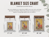 Blanket size chart with Tarot card designs on blankets and measurements.