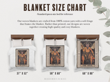 Blanket size chart with tarot card designs on blankets and measurements.