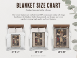 Blanket size chart with tarot card designs on blankets and measurements.