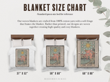 Blanket size chart with illustrations of Tarot cards on blankets, featuring measurements and a decorative background.