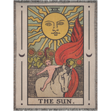 Decorative blanket with a tarot card design featuring a sun, horse, and child, labeled 'The Sun'.