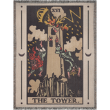Tarot card design on a woven blanket with 'The Tower' tarot card illustration.