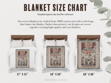Blanket size chart with illustrations of blankets and their dimensions on a white background.