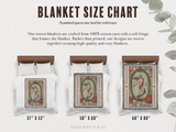 Blanket size chart with three blanket samples and measurements on a white background.