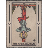 Tarot card blanket featuring 'The Hanged Man' with a person hanging upside down, framed by decorative elements.