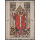 Woven tapestry of 'The Hierophant' tarot card with a figure in red robes and crown, on a beige background.