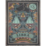 Decorative blanket with Libra zodiac design featuring scales and floral elements.