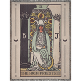 Tarot card design with 'The High Priestess' on a textured fabric background