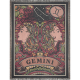 Decorative blanket with Gemini zodiac design featuring two women's faces and the word 'Gemini'.