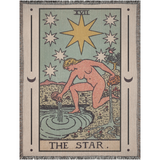 Tarot card-style artwork of 'The Star' with a person pouring water, surrounded by stars and nature elements.