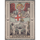 Tarot card-style artwork with angelic figure and text 'Judgement' on a textured background