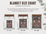 Blanket size chart with three blankets displayed on a bed, featuring measurements and design details.