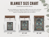 Blanket size chart with three blankets displayed on a bed, featuring measurements and a brief description of the blankets.
