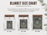 Blanket size chart with three blankets displayed on a bed, featuring measurements and a brief description of the blankets.