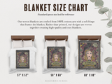 Blanket size chart with illustrations of a woman and text on a white background