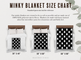 Minky blanket size chart with bed setup and measurements on a white background.