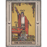 Woven tapestry of 'The Magician' tarot card with a person in robes and a candle, framed by decorative elements.