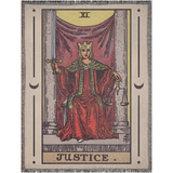Tarot card-style rug with a central figure holding a sword and scales, labeled 'Justice'.