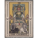 Decorative blanket with 'The Chariot' tarot card design featuring a figure on a chariot with sphinxes.