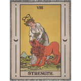 Tarot card-style design with a woman and lion, labeled 'Strength', on a woven blanket.