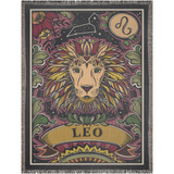 Decorative blanket with a colorful lion design and 'Leo' text on a white background