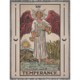 Tarot card-style artwork of an angel with red wings titled 'Temperance'.
