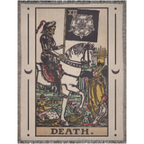 Tarot card-style artwork with a skeleton on a horse, labeled 'Death', on a textured background.