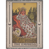 Tapestry with 'The Empress' tarot card design featuring a woman in a flowing dress and crown, sitting on a throne.